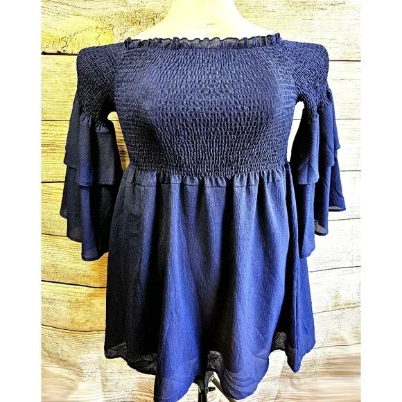 SHEIN | Dresses | Shein Curve Navy Blue Smocked Short Dress 2xl Lined Skirt  Long Bell Sleeves | Poshmark